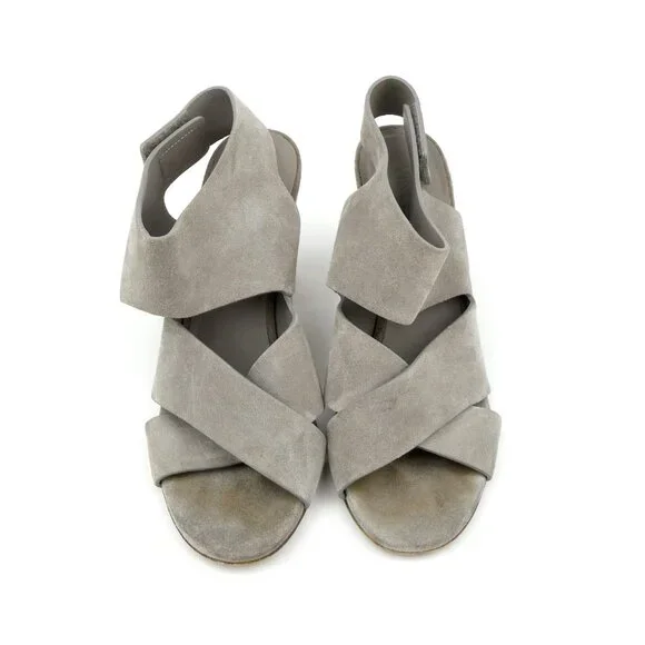 Vince Gray Suede Block Heeled Sandals Womens 6.5M Open Toe Made In Italy - Picture 1 of 12